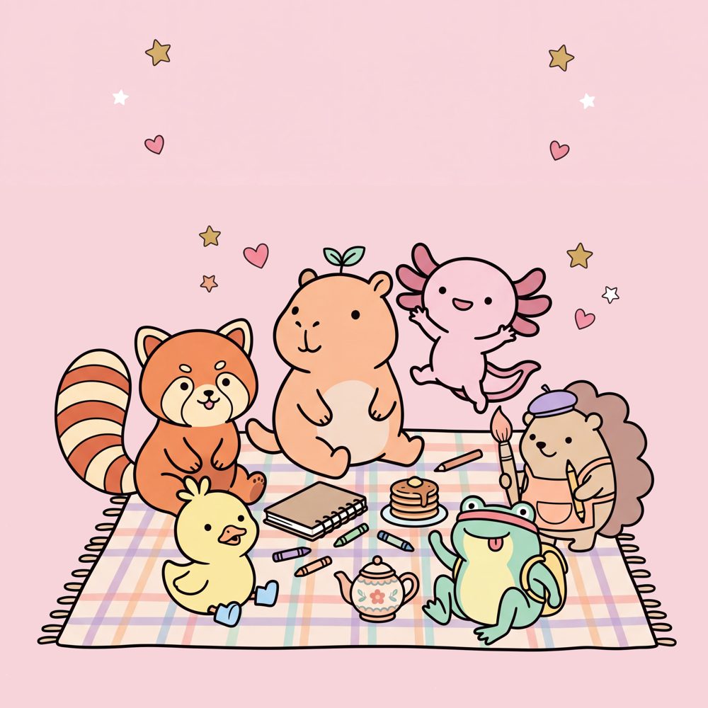 Capy & Lotl and Friends cover art: six animal friends at a picnic